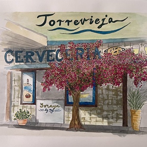 Spanyolország, Torrevieja, Söröző virágos fával, Művészet, Festmény, Akvarell, Festészet, MESKA