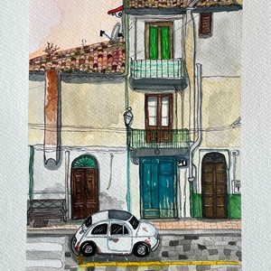 Szicília, Castelbuono, Utcarészlet Fiattal - Meska.hu