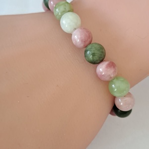 Rózsaszín opál, zöld jáde és zöld szerpentin jáde karkötő   - Meska.hu