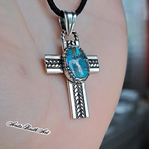 Türkizköves kereszt dupla csavarral - ékszer - nyaklánc - medál - Meska.hu