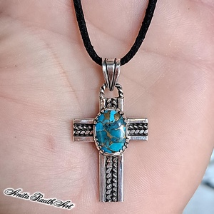Türkizköves kereszt dupla csavarral - ékszer - nyaklánc - medál - Meska.hu