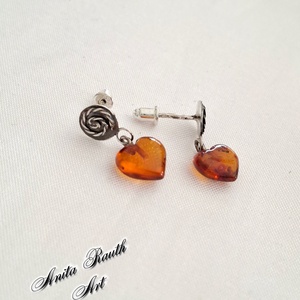 Borostyánkő szív fülbevalók - ékszer - fülbevaló - lógó fülbevaló - Meska.hu