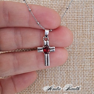 Gránát köves kereszt  - ékszer - nyaklánc - medál - Meska.hu