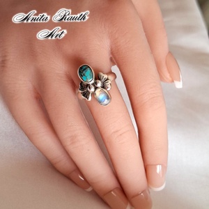 Türkiz-Holdkő gyűrű ezüst virágszirmokkal, Ékszer, Gyűrű, Statement gyűrű, Ékszerkészítés, Ötvös, MESKA