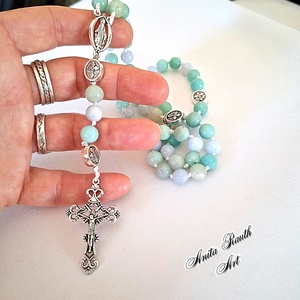 Rózsafüzér kék amazonit és aquamarin gyöngyökkel - otthon & életmód - vallás - lánc & füzér - Meska.hu