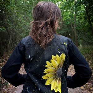Napraforgós festett farmerkabát, Ruha & Divat, Női ruha, Kabát, Festett tárgyak, MESKA