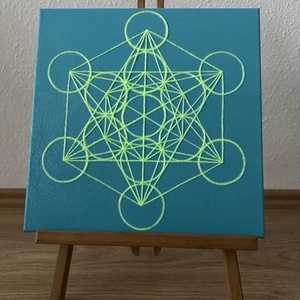 Sötétben világító Metatron kocka türkiz alapon 33x33cm - művészet - festmény - akril - Meska.hu