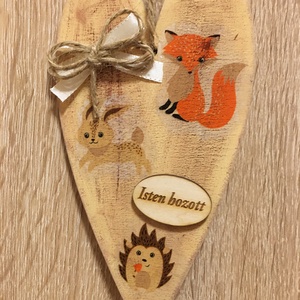 Őszi erdei állatos szív, Otthon & Életmód, Dekoráció, Fali és függő dekoráció, Falra akasztható dekor, Decoupage, transzfer és szalvétatechnika, Festett tárgyak, MESKA