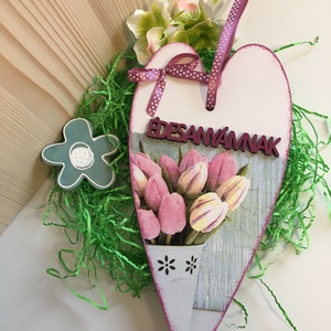 Tulipános szív táblácska ÉDESANYÁMNAK felirattal , Otthon & Életmód, Dekoráció, Fali és függő dekoráció, Függődísz, Decoupage, transzfer és szalvétatechnika, Festett tárgyak, MESKA