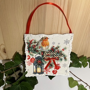 Karácsonyi ajtódísz madárral, Karácsony, Karácsonyi lakásdekoráció, Karácsonyi ajtódíszek, Decoupage, transzfer és szalvétatechnika, MESKA