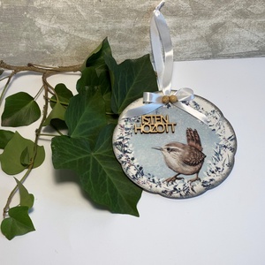 Madaras karácsonyi ajtódísz, Karácsony, Karácsonyi lakásdekoráció, Karácsonyi ajtódíszek, Decoupage, transzfer és szalvétatechnika, Meska