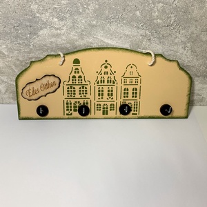 Sárga-zöld kulcstartó ÉDES OTTHON felirattal, Otthon & Életmód, Dekoráció, Fali és függő dekoráció, Fali kulcstartó, Decoupage, transzfer és szalvétatechnika, Festett tárgyak, MESKA