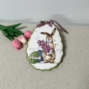 Nyuszis-virágos ajtókopogtató, Otthon & Életmód, Dekoráció, Ajtó- és ablak dekoráció, Ajtódísz & Kopogtató, Decoupage, transzfer és szalvétatechnika, MESKA