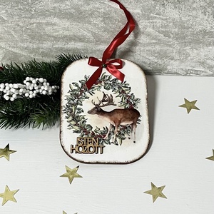 Szarvasos ajtókopogtató , Karácsony, Karácsonyi lakásdekoráció, Karácsonyi ajtódíszek, Decoupage, transzfer és szalvétatechnika, MESKA