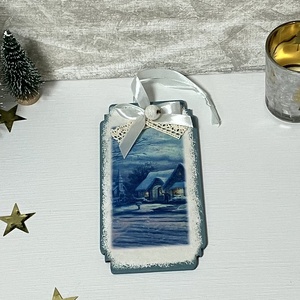 Karácsonyfadísz havas éjszaka, Karácsony, Karácsonyi lakásdekoráció, Karácsonyfadíszek, Decoupage, transzfer és szalvétatechnika, MESKA