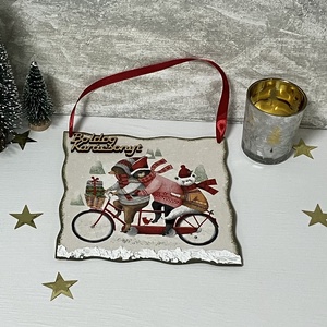 Karácsonyi ajtókopogtató bicikliző macik, Karácsony, Karácsonyi lakásdekoráció, Karácsonyi ajtódíszek, Decoupage, transzfer és szalvétatechnika, MESKA