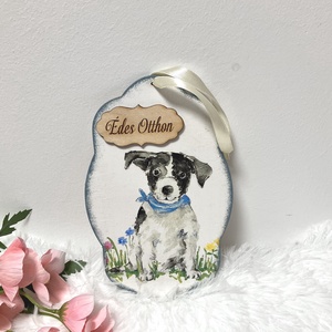 Kutyás tavaszi ajtókopogtató-kézzel készült dekor, Otthon & Életmód, Dekoráció, Ajtó- és ablak dekoráció, Ajtódísz & Kopogtató, Decoupage, transzfer és szalvétatechnika, MESKA