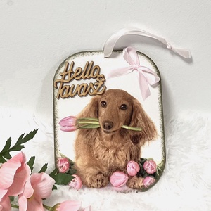 Tulipános fa ajtodísz kutyás mintával-tavaszi dekor, Otthon & Életmód, Dekoráció, Ajtó- és ablak dekoráció, Ajtódísz & Kopogtató, Decoupage, transzfer és szalvétatechnika, MESKA