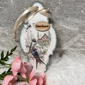Tavaszi ajtódísz madaras mintával - virágos fa ajtókopogtató, Otthon & Életmód, Dekoráció, Ajtó- és ablak dekoráció, Ajtódísz & Kopogtató, Decoupage, transzfer és szalvétatechnika, MESKA