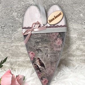 Romantikus rózsás ajtókopogtató - madaras falidísz tavaszra , Otthon & Életmód, Dekoráció, Fali és függő dekoráció, Függődísz, Decoupage, transzfer és szalvétatechnika, Festett tárgyak, MESKA