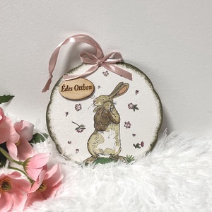 Húsvéti nyuszis ajtódísz-tavaszi kopogtató bejárati ajtóra, Ünnepi díszek, dekorációk, Húsvéti díszek és dekorációk, Húsvéti ajtódísz, kopogtató, Decoupage, transzfer és szalvétatechnika, MESKA