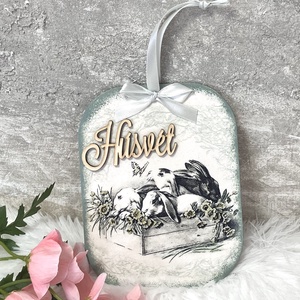 Húsvéti nyuszis ajtódísz -  tavaszi kopogtató ajtóra, Ünnepi díszek, dekorációk, Húsvéti díszek és dekorációk, Húsvéti ajtódísz, kopogtató, Decoupage, transzfer és szalvétatechnika, Festett tárgyak, MESKA