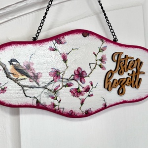 Rózsaszín virágos ajtókopogtató/ tavaszi ajtódísz Isten hozott felirattal  - otthon & életmód - dekoráció - ajtó- és ablak dekoráció - ajtódísz & kopogtató - Meska.hu