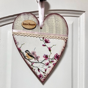 Dekupázsolt ajtódísz - madaras, virágos ajtókopogtató  - otthon & életmód - dekoráció - ajtó- és ablak dekoráció - ajtódísz & kopogtató - Meska.hu