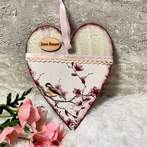 Dekupázsolt ajtódísz - madaras, virágos ajtókopogtató , Otthon & Életmód, Dekoráció, Ajtó- és ablak dekoráció, Ajtódísz & Kopogtató, Decoupage, transzfer és szalvétatechnika, Festett tárgyak, MESKA