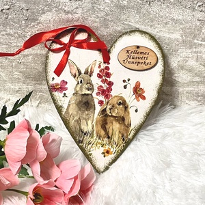 Húsvéti nyulas falidísz tavaszra, felirattal, Ünnepi díszek, dekorációk, Húsvéti díszek és dekorációk, Húsvéti ajtódísz, kopogtató, Decoupage, transzfer és szalvétatechnika, Festett tárgyak, MESKA