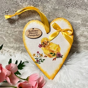 Húsvéti ajtódísz - virágos, csibés ajtókopogtató, Ünnepi díszek, dekorációk, Húsvéti díszek és dekorációk, Húsvéti ajtódísz, kopogtató, Decoupage, transzfer és szalvétatechnika, Festett tárgyak, MESKA