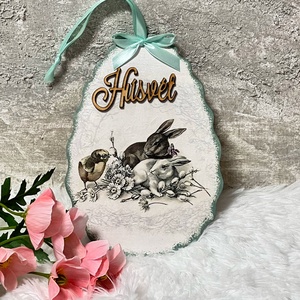 Nyuszis-virágos ajtókopogtató - tavaszi ajtódísz, Ünnepi díszek, dekorációk, Húsvéti díszek és dekorációk, Húsvéti ajtódísz, kopogtató, Decoupage, transzfer és szalvétatechnika, MESKA