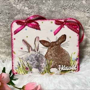 Tavaszi ajtókopogtató nyuszis mintával - húsvéti dekoráció, Ünnepi díszek, dekorációk, Húsvéti díszek és dekorációk, Húsvéti ajtódísz, kopogtató, Decoupage, transzfer és szalvétatechnika, MESKA