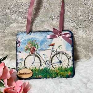 Tavaszi ajtókopogtató virágos, biciklis mintával - húsvéti dekoráció, Otthon & Életmód, Dekoráció, Ajtó- és ablak dekoráció, Ajtódísz & Kopogtató, Decoupage, transzfer és szalvétatechnika, Festett tárgyak, MESKA