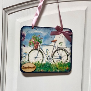 Tavaszi ajtókopogtató virágos, biciklis mintával - húsvéti dekoráció - otthon & életmód - dekoráció - ajtó- és ablak dekoráció - ajtódísz & kopogtató - Meska.hu