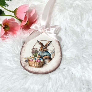 Húsvéti tojás nyuszis - rózsaszín tavaszi dekoráció, Ünnepi díszek, dekorációk, Húsvéti díszek és dekorációk, Húsvéti tojásfadíszek, Decoupage, transzfer és szalvétatechnika, Festett tárgyak, MESKA