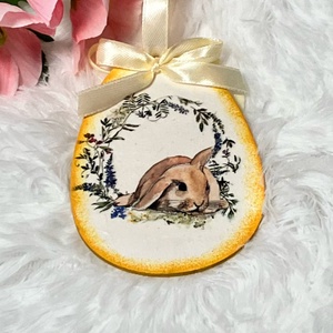 Húsvéti tojás nyulas mintával - sárga tavaszi dekoráció, Ünnepi díszek, dekorációk, Húsvéti díszek és dekorációk, Húsvéti tojás, hímestojás, Decoupage, transzfer és szalvétatechnika, Festett tárgyak, MESKA