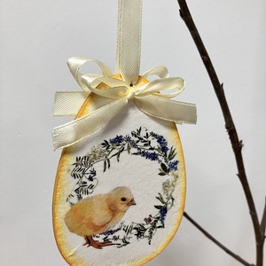 Húsvéti tojás csibés - sárga tavaszi dekoráció, Ünnepi díszek, dekorációk, Húsvéti díszek és dekorációk, Húsvéti tojás, hímestojás, Decoupage, transzfer és szalvétatechnika, Festett tárgyak, MESKA