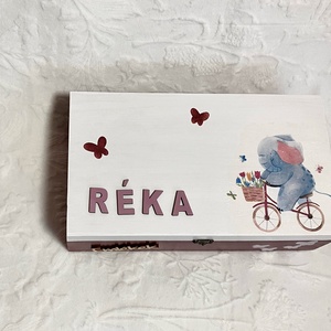 Dekuázsolt névre szóló elefántos emlékdoboz - keresztelőre, babalátogtóra, kislányajándék,  - baba - mama - babaemlékek - baba emlékőrző - Meska.hu