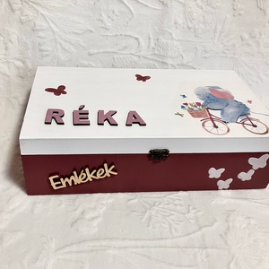 Dekuázsolt névre szóló elefántos emlékdoboz - keresztelőre, babalátogtóra, kislányajándék, , Baba - mama, Babaemlékek, Baba emlékőrző, Decoupage, transzfer és szalvétatechnika, Festett tárgyak, MESKA