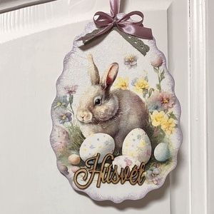 Húsvéti ajtókopogtató - nyuszis tavaszi ajtódísz, Ünnepi díszek, dekorációk, Húsvéti díszek és dekorációk, Húsvéti ajtódísz, kopogtató, Decoupage, transzfer és szalvétatechnika, MESKA