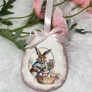 Húsvéti tojás nyuszis - rózsaszín tavaszi dekoráció, Ünnepi díszek, dekorációk, Húsvéti díszek és dekorációk, Húsvéti tojásfadíszek, Decoupage, transzfer és szalvétatechnika, Festett tárgyak, MESKA