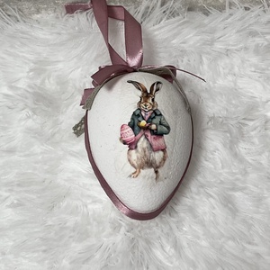 Húsvéti tojás nyuszis - rózsaszín szalaggal - ünnepi díszek, dekorációk - húsvéti díszek és dekorációk - húsvéti tojás, hímestojás - Meska.hu