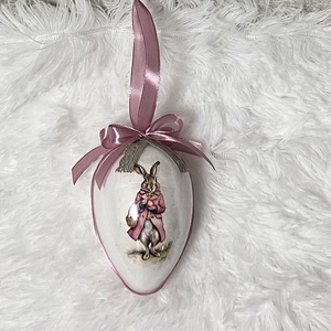 Húsvéti tojás nyuszis - rózsaszín szalaggal - ünnepi díszek, dekorációk - húsvéti díszek és dekorációk - húsvéti tojás, hímestojás - Meska.hu