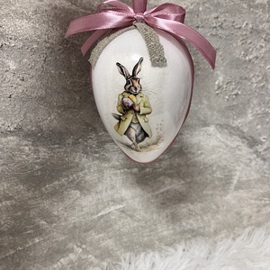 Húsvéti tojás nyuszis - rózsaszín szalaggal - ünnepi díszek, dekorációk - húsvéti díszek és dekorációk - húsvéti tojás, hímestojás - Meska.hu