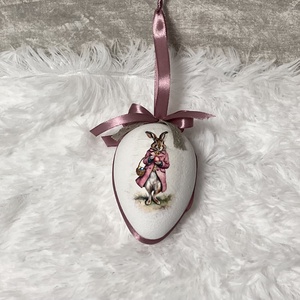 Húsvéti tojás nyuszis - rózsaszín szalaggal - ünnepi díszek, dekorációk - húsvéti díszek és dekorációk - húsvéti tojás, hímestojás - Meska.hu