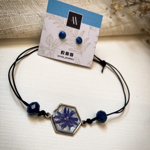 Zsinórkarkötő, fülbevaló, könyvjelző - Búzavirágos szett - ékszer - ékszerszett - Meska.hu