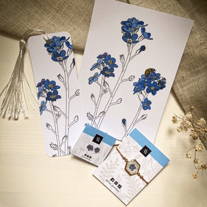 Kéknefelejcses szett - Zsinórkarkötő, könyvjelző, fülbevaló, Ékszer, Ékszerszett, Ékszerkészítés, Fotó, grafika, rajz, illusztráció, MESKA