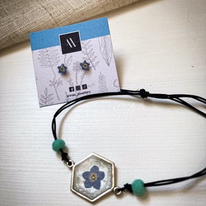 Kéknefelejcses szett - Zsinórkarkötő, könyvjelző, fülbevaló - ékszer - ékszerszett - Meska.hu