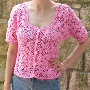 Rózsaszín horgolt patchwork kardigán - Meska.hu